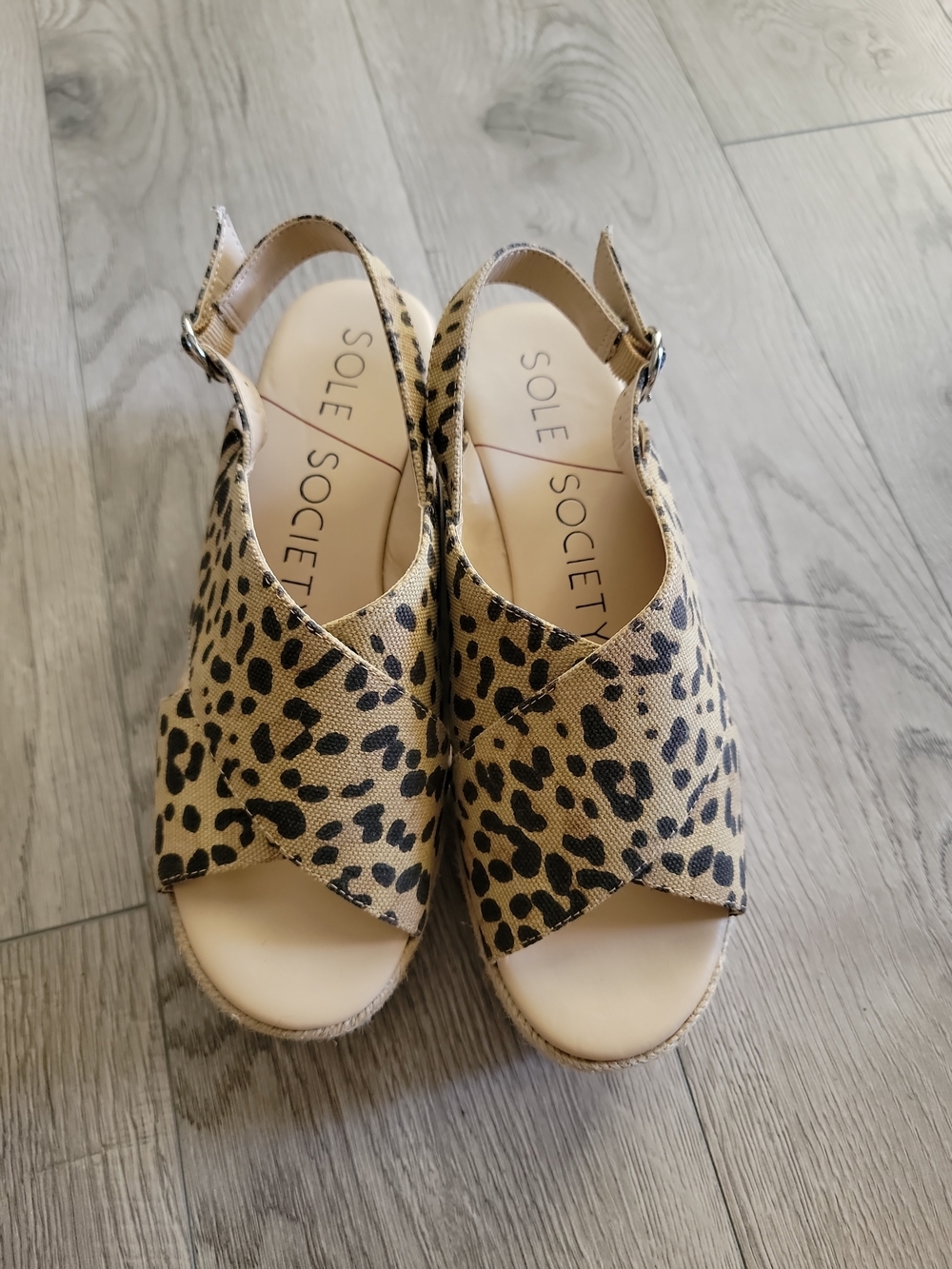 Sole Society Women's Leopard Print Slingback Espadrille Sandals Tan/Black 7 EUC